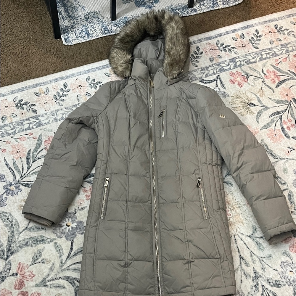 Michael Kors khaki Quilted Jacket with Faux Fur Hood